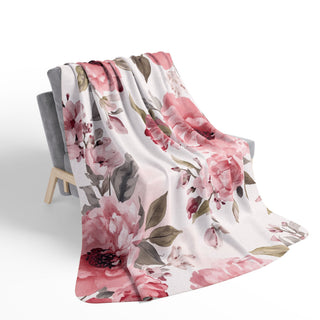 Blushing Blooms Peony Floral Watercolor Fleece Sherpa Blanket
