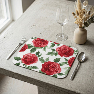 Red Rose Floral Watercolor Leather Placemat