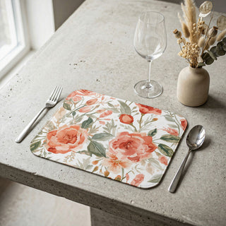 Peach Rose Floral Orange Flowers Watercolor Painting Leather Placemat