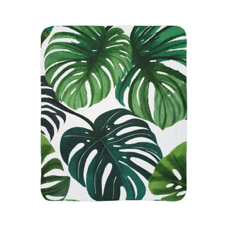 Green Monstera Watercolor Botanical Fleece Sherpa Blanket