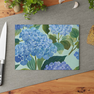 Blue Hydrangea Watercolor Floral Glass Cutting Board