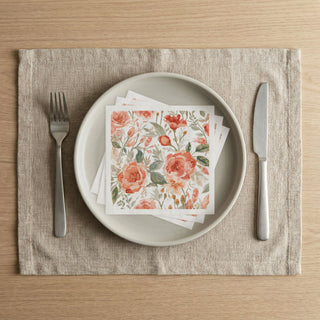 Peach Rose Floral Orange Flowers Watercolor Painting Paper Napkins