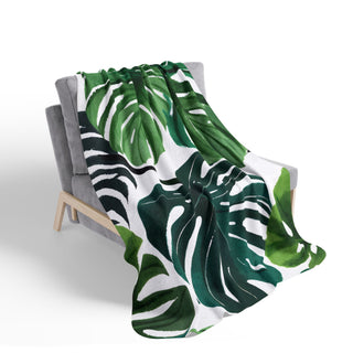 Green Monstera Watercolor Botanical Fleece Sherpa Blanket