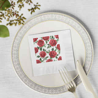 Red Rose Floral Watercolor Coined Cocktail Napkins