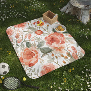 Peach Rose Floral Orange Flowers Watercolor Painting Picnic Blanket