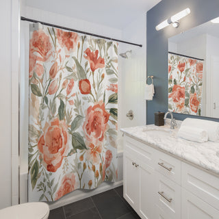 Peach Rose Floral Orange Flowers Watercolor Painting Shower Curtain