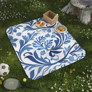 Blue Botanical Watercolor Floral Picnic Blanket