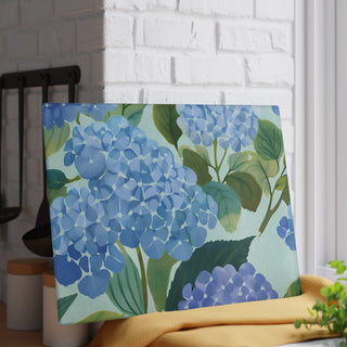 Blue Hydrangea Watercolor Floral Glass Cutting Board