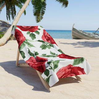 Red Rose Floral Watercolor Beach Towel