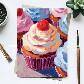 Cherry Cupcakes Happy Birthday Painting Postcard