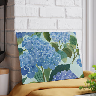 Blue Hydrangea Watercolor Floral Glass Cutting Board