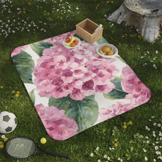 Pink Hydrangea Watercolor Floral Picnic Blanket