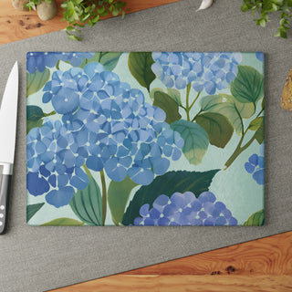 Blue Hydrangea Watercolor Floral Glass Cutting Board