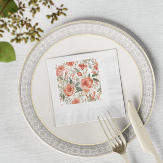 Peach Rose Floral Orange Flowers Watercolor Painting Coined Napkins