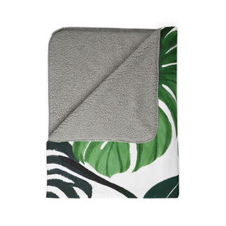 Green Monstera Watercolor Botanical Fleece Sherpa Blanket