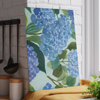 Blue Hydrangea Watercolor Floral Glass Cutting Board