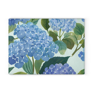 Blue Hydrangea Watercolor Floral Glass Cutting Board