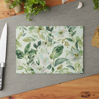 Botanical Green Watercolor Floral Leaves Glass Cutting Board