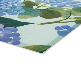 Blue Hydrangea Watercolor Floral Glass Cutting Board