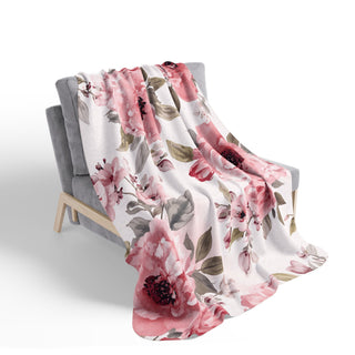 Blushing Blooms Peony Floral Watercolor Fleece Sherpa Blanket