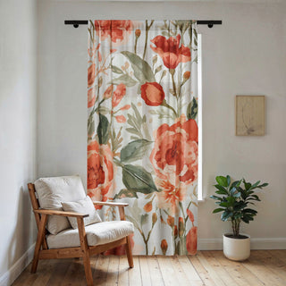 Peach Rose Floral Orange Flowers Watercolor Painting Curtains